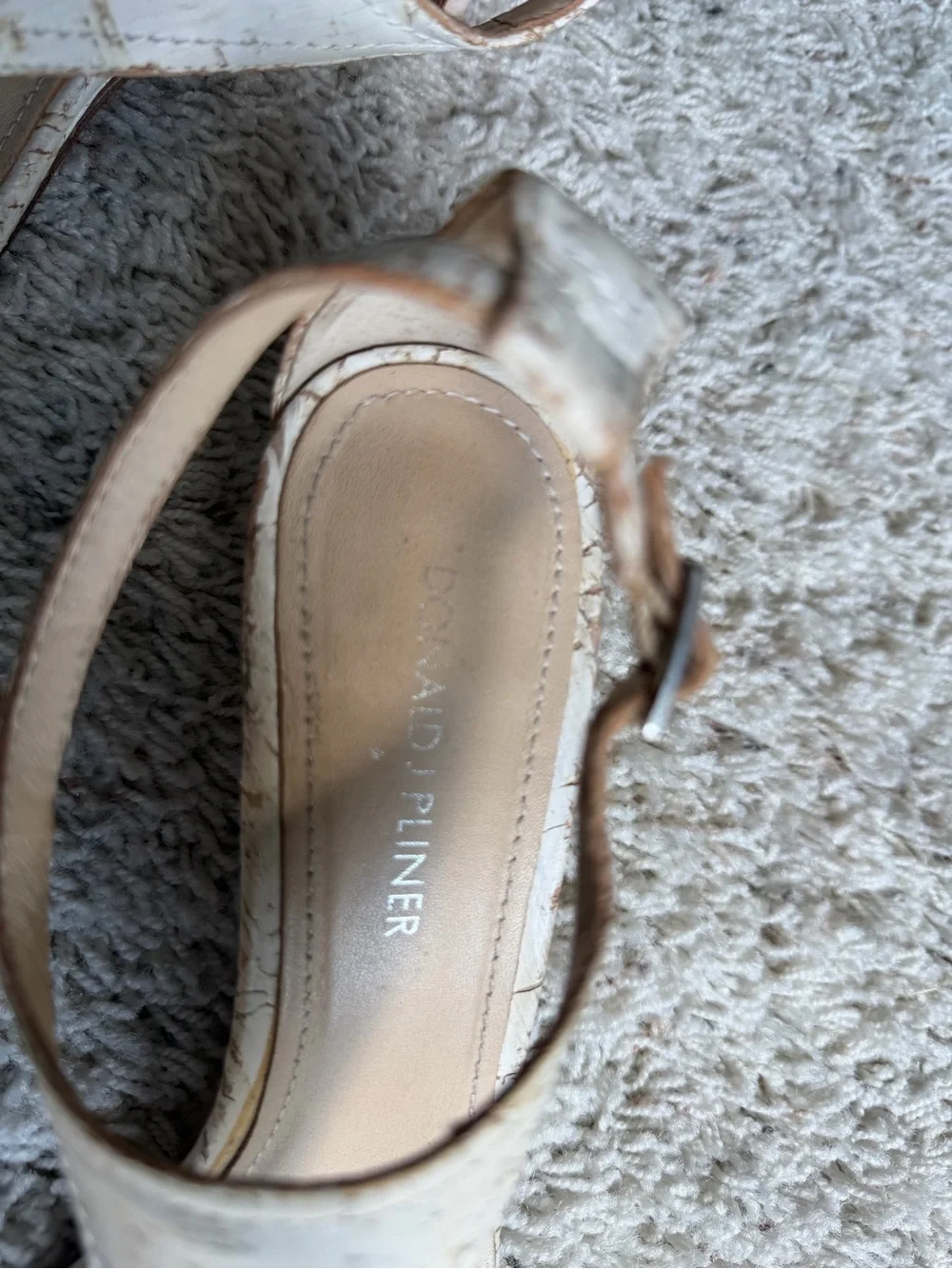 Donald J. Pliner White and Gold Cork-Textured T-Strap Heels